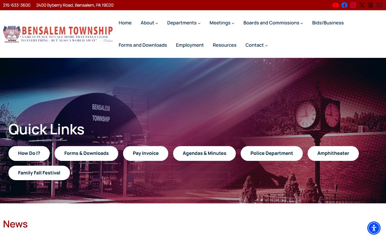 Bensalem Township Pennsylvania official website showing municipal services for Bensalem residents seeking death records information