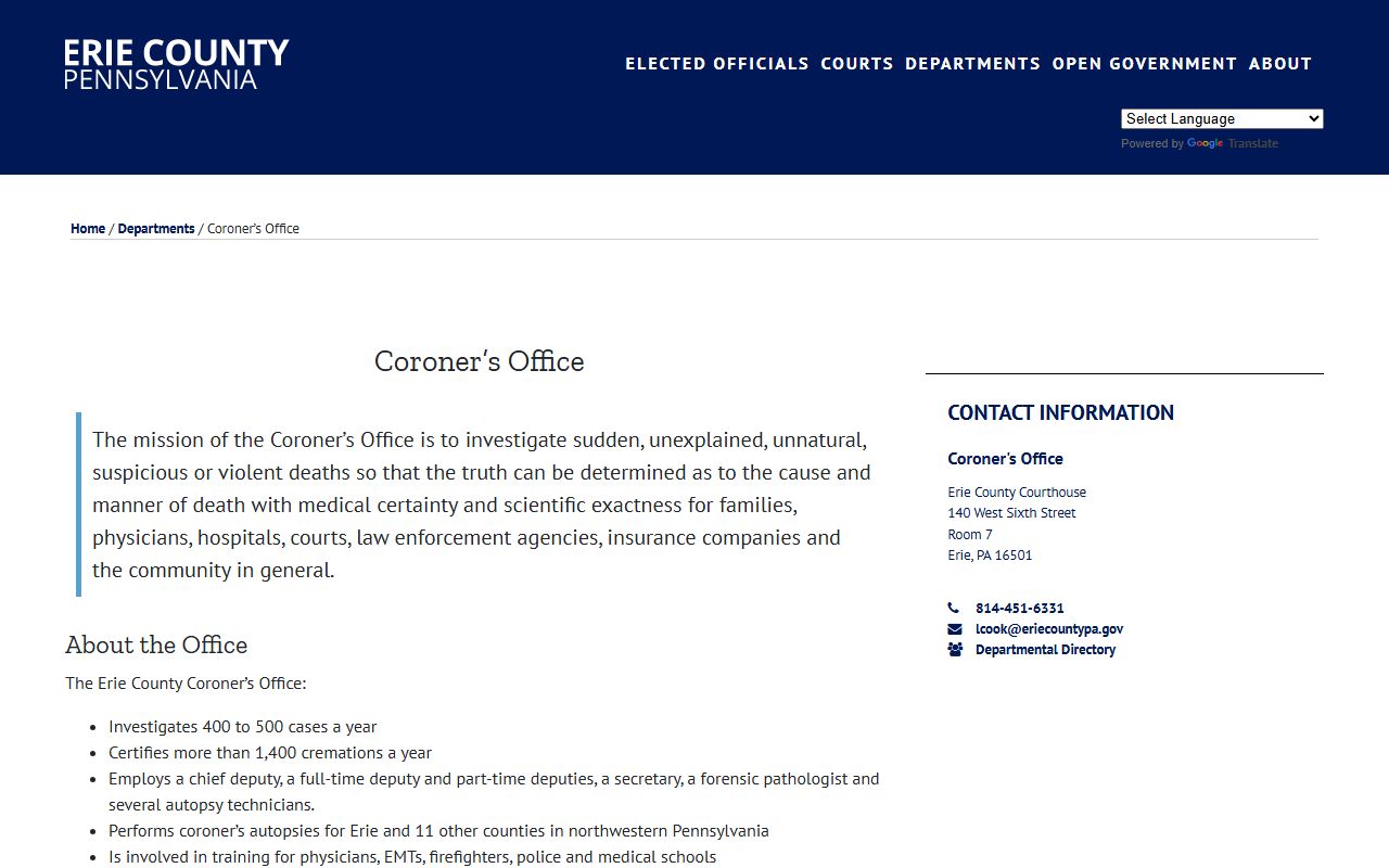 Erie County Coroner's Office Pennsylvania handling sudden and unexpected death certificates for Erie County