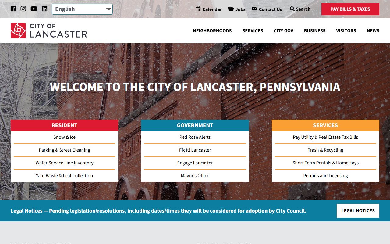 Lancaster Pennsylvania city government website showing municipal information for Lancaster death records research and county seat context