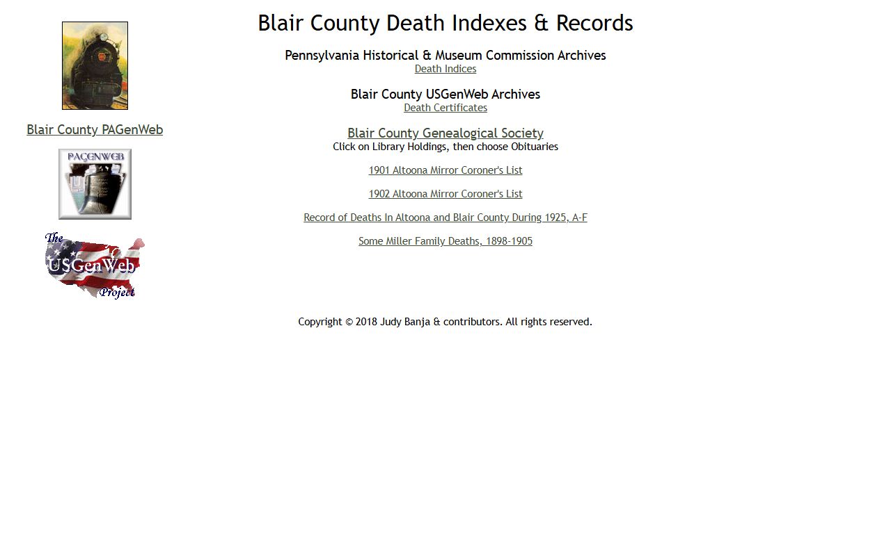 Blair County PAGenWeb death records index page for Pennsylvania genealogy research