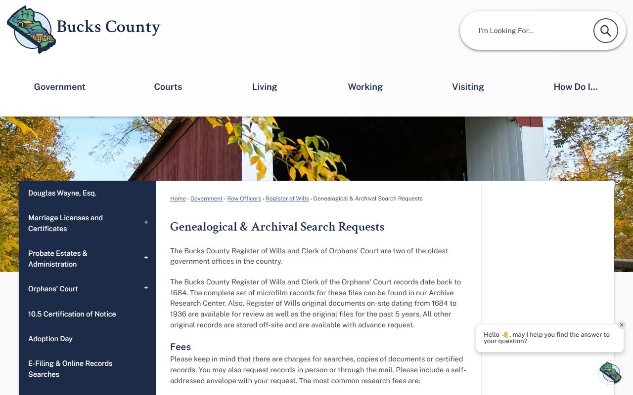 Bucks County Pennsylvania government genealogical archival search page for death records