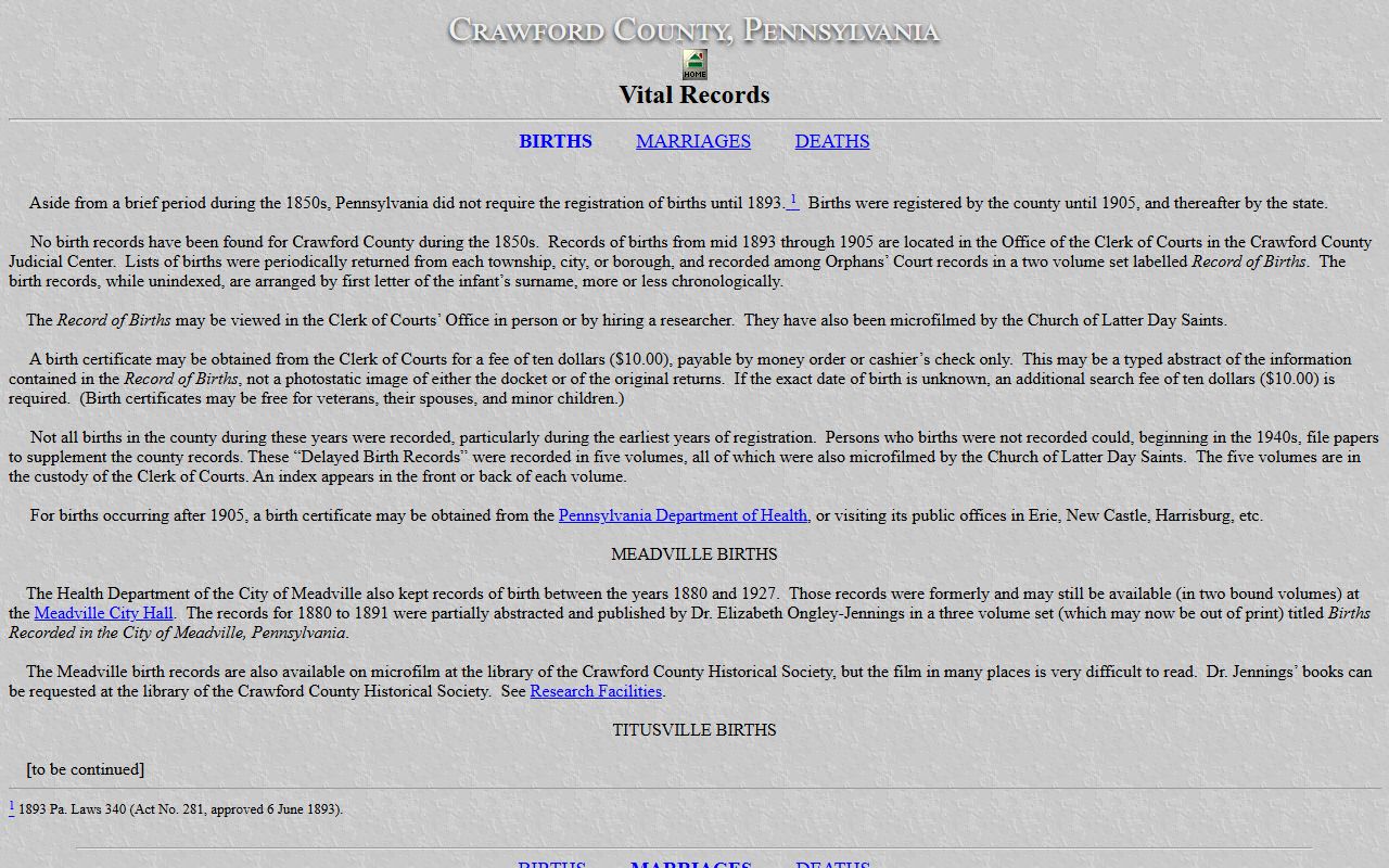 Crawford County Pennsylvania vital records page for death certificate requests and genealogical research