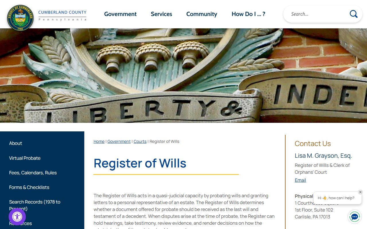 Cumberland County Pennsylvania Register of Wills office in Carlisle for death records and probate research