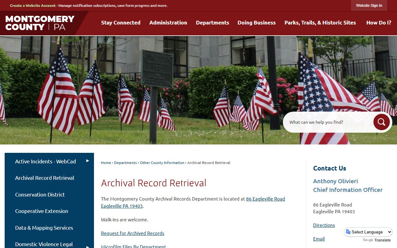 Montgomery County Archival Records Department page showing death record collections and retrieval options