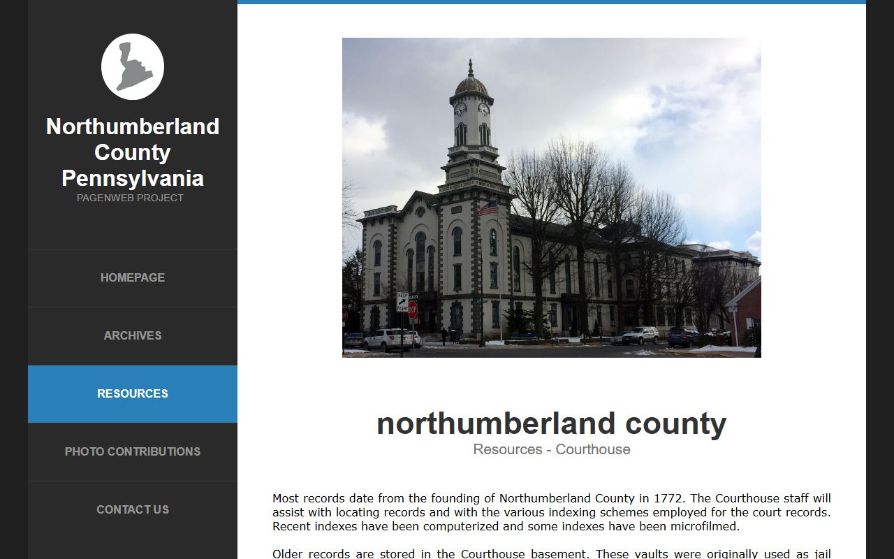 Northumberland County courthouse records listing on PAGenWeb showing death record volumes and will indexes from Sunbury