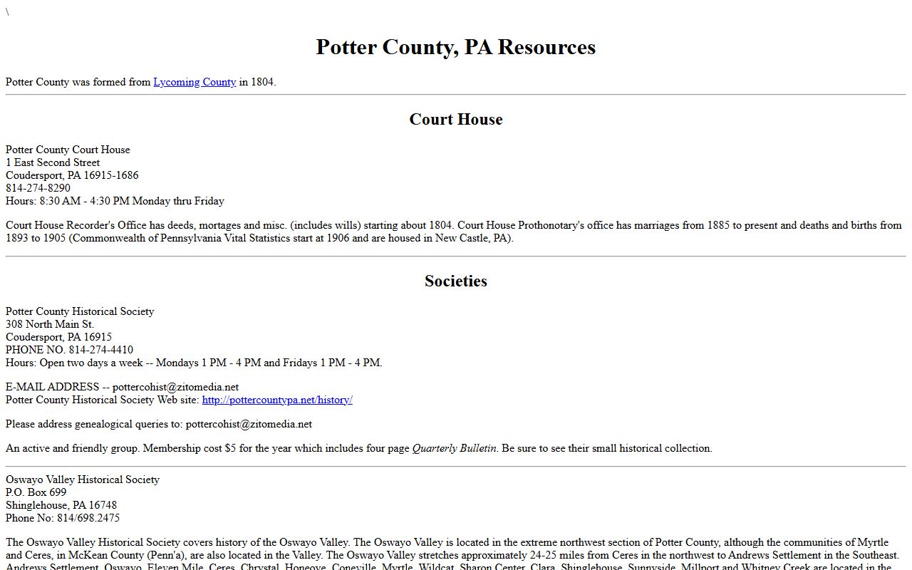Potter County historical records guide page showing death record sources and research information for Coudersport
