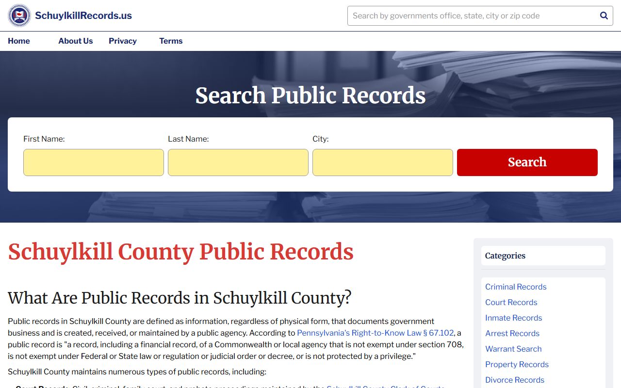 Schuylkill County Records website showing access options for death records and genealogy collections in Pottsville
