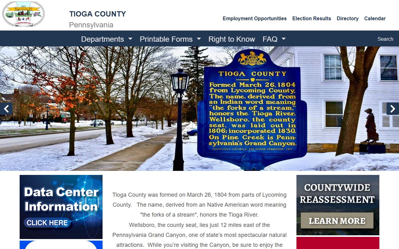 Tioga County government website showing information about death records and courthouse offices in Wellsboro