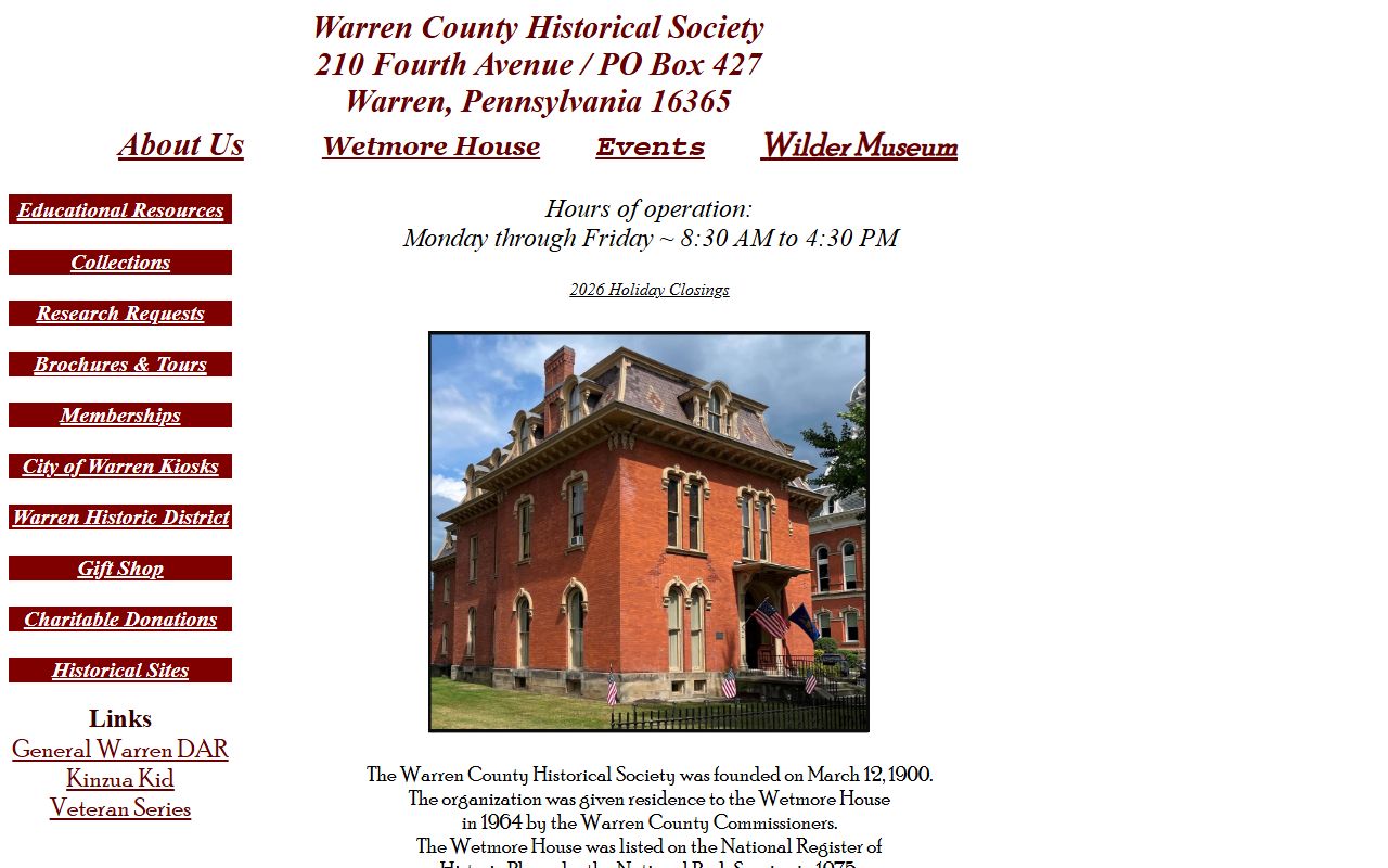 Warren County Historical Society website showing death records and genealogy research services for Warren County