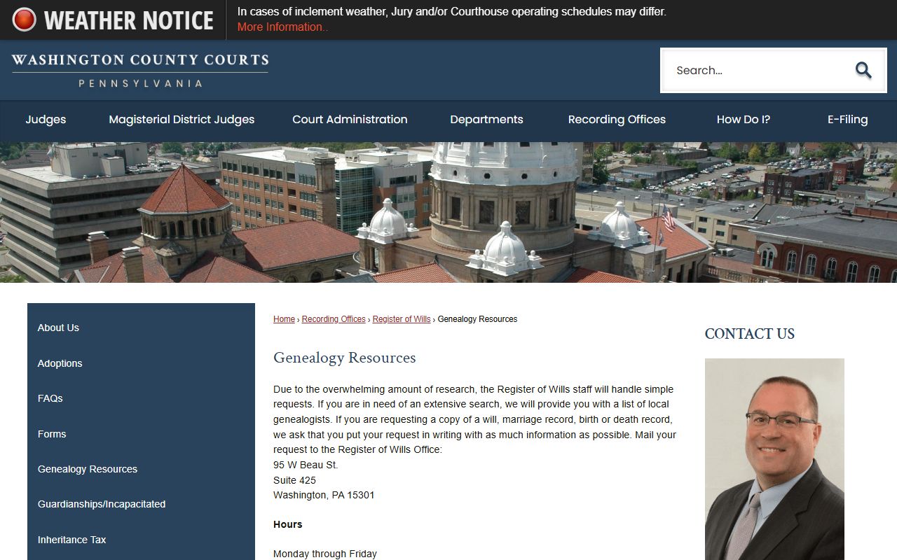 Washington County Courts genealogy resources page showing death record access information and historical collections