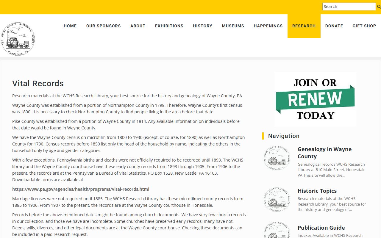 Wayne County Historical Society records research page showing death records on microfilm and genealogy services in Honesdale