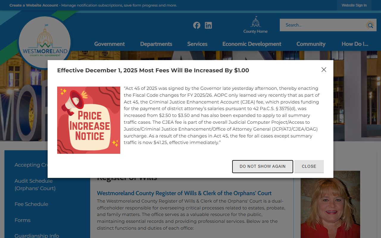Westmoreland County Register of Wills page showing death records, estate files, and genealogy resources in Greensburg