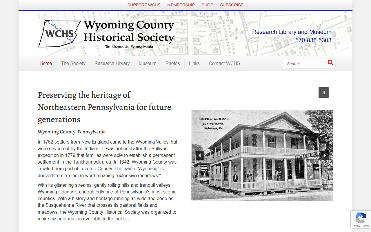 Wyoming County Historical Society website showing death records, delayed births, and genealogy collections for Tunkhannock and surrounding areas