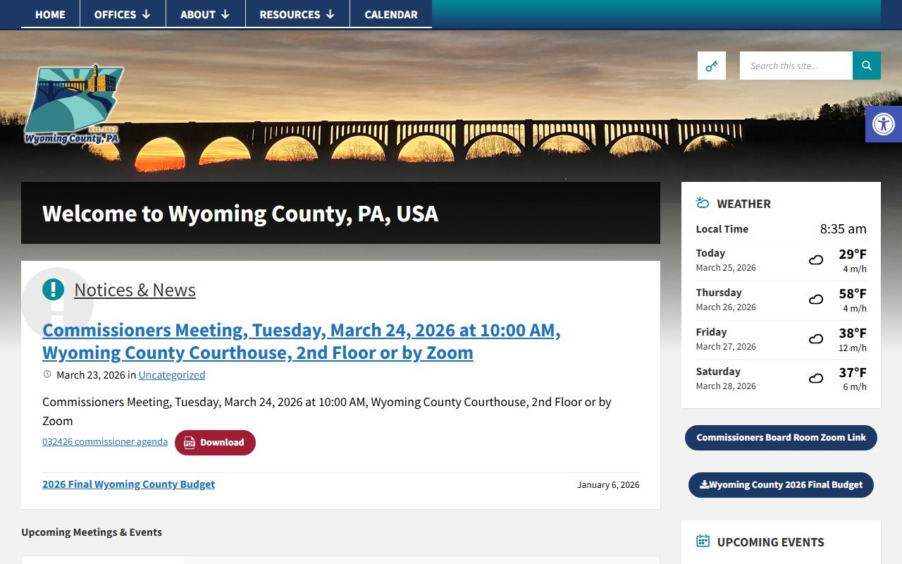 Wyoming County government website showing death records access and online wills index for genealogy research