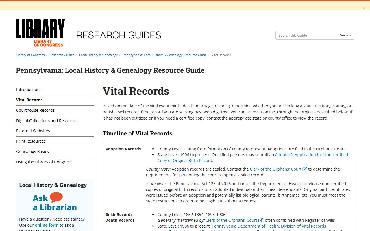 Library of Congress Pennsylvania vital records research guide for genealogy and death certificate research