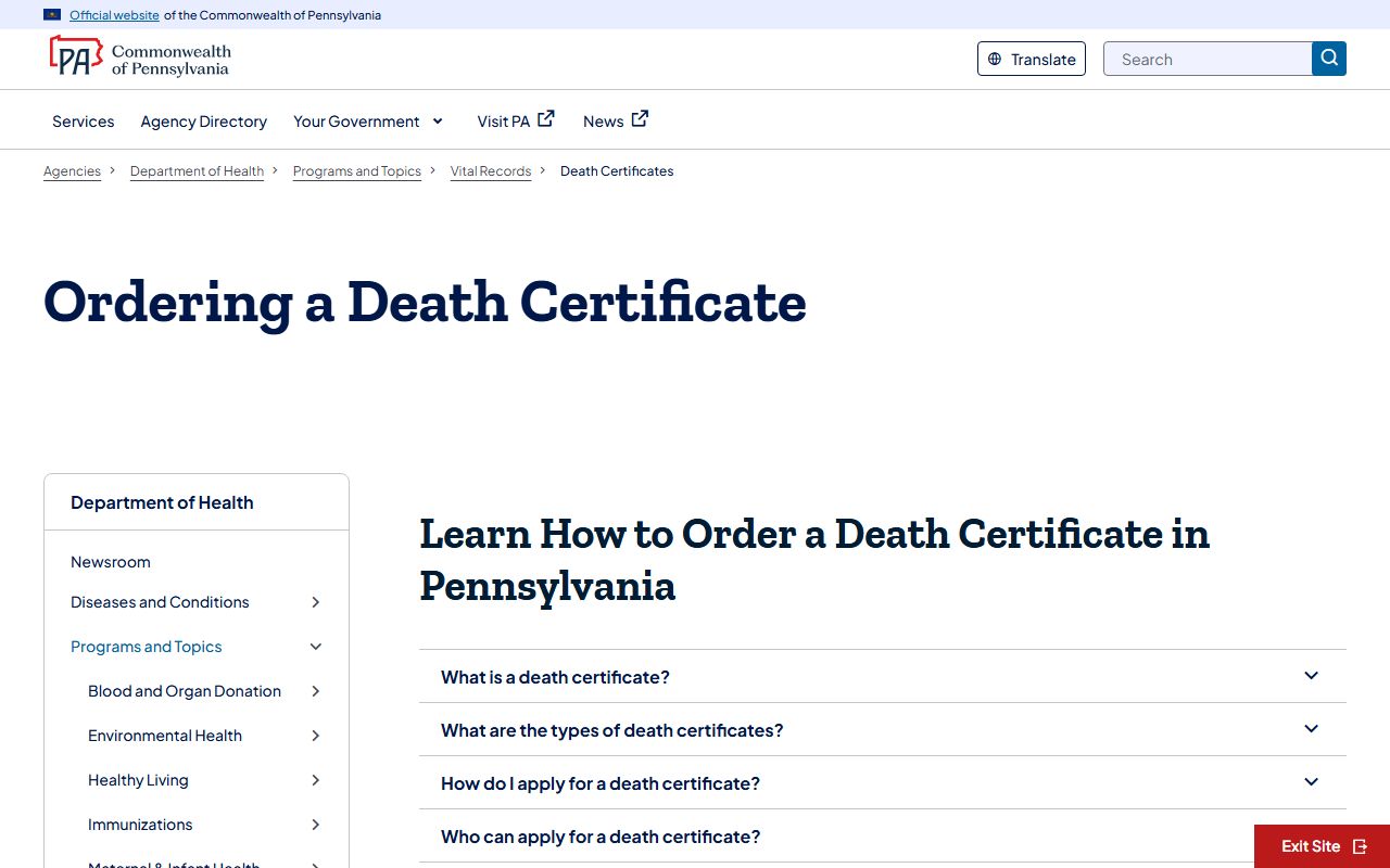 Pennsylvania Department of Health Division of Vital Records death certificate ordering page