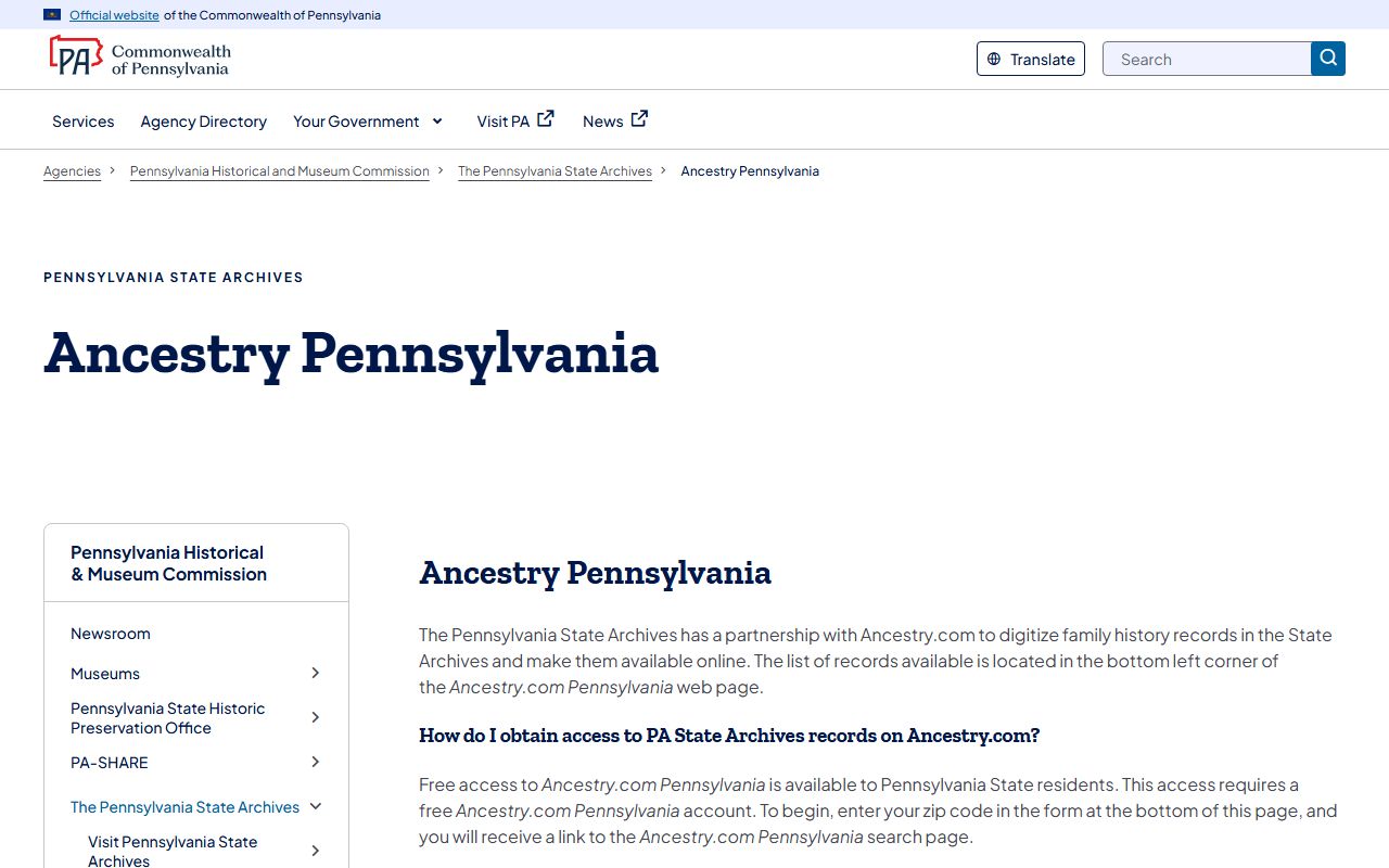 Pennsylvania Historical and Museum Commission Ancestry PA partnership for free death records access