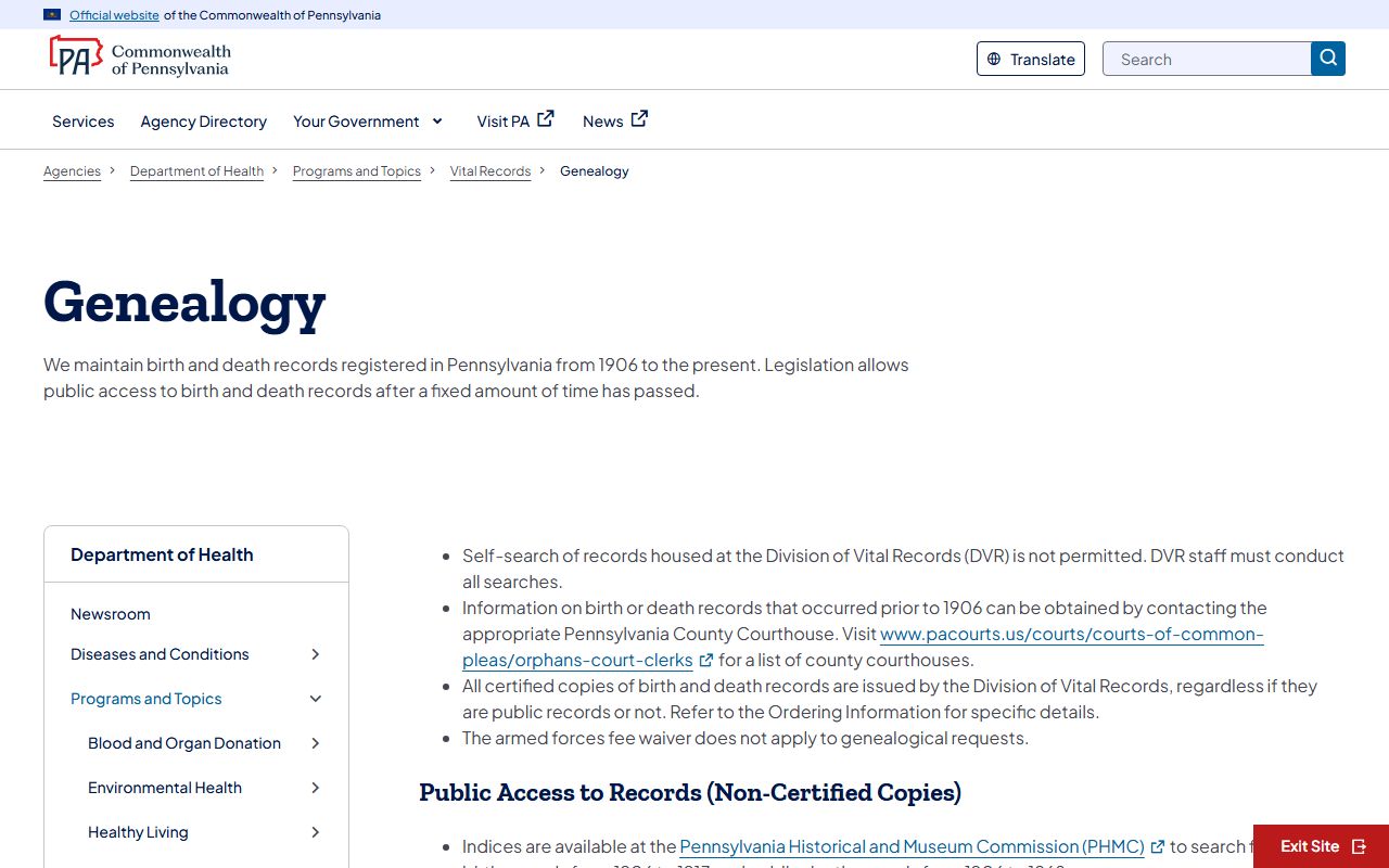Pennsylvania open records law governing death certificate access and 50-year restriction