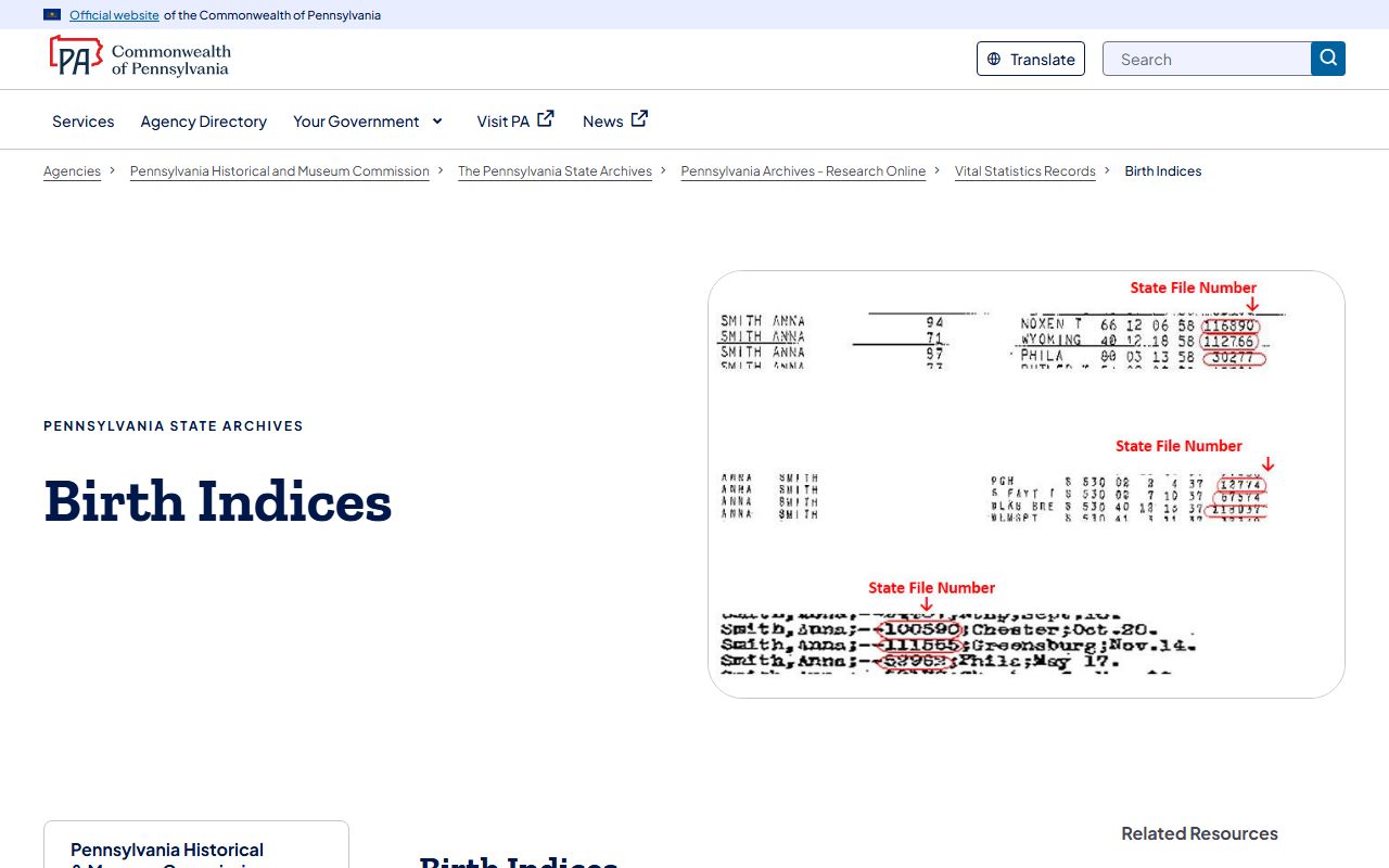 Pennsylvania State Archives Birth Indices page for vital records research