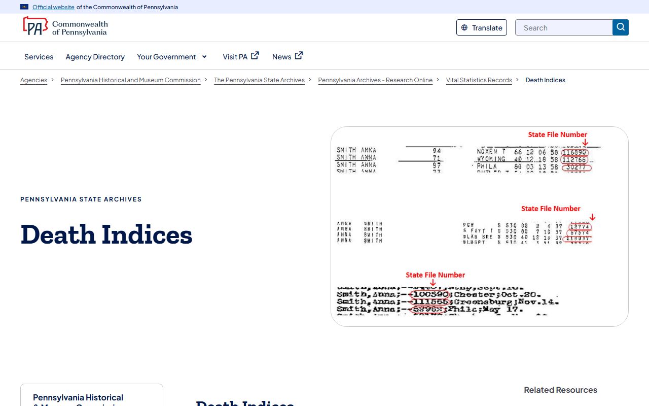 Pennsylvania State Archives Death Indices page covering 1906 to 1975 vital records