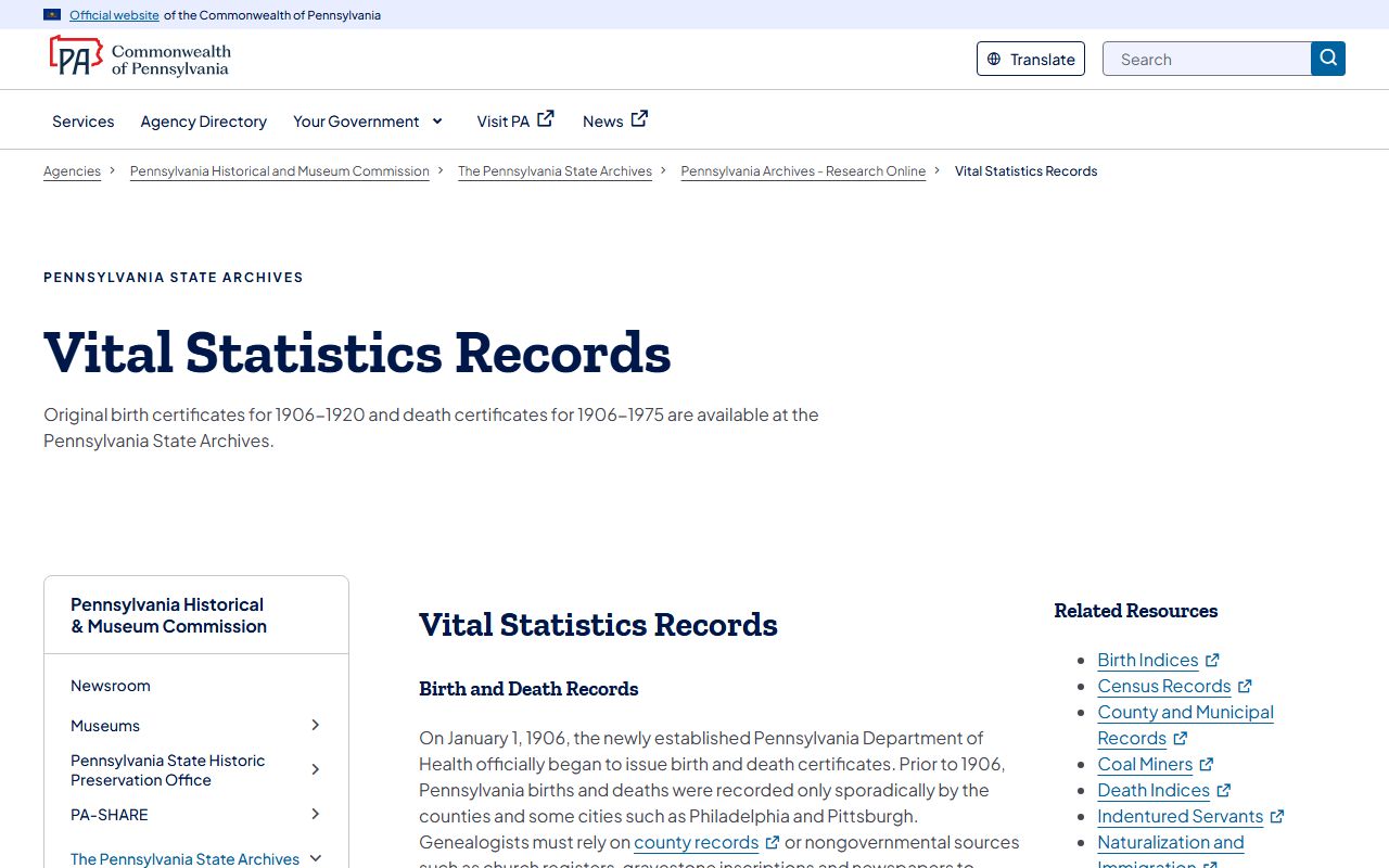 Pennsylvania State Archives vital statistics records page showing death records collections