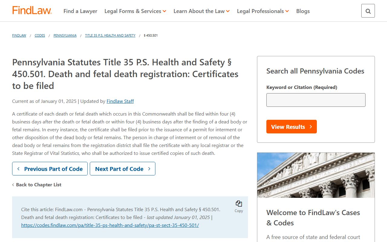 Pennsylvania Vital Statistics Law statute governing death records and vital statistics administration