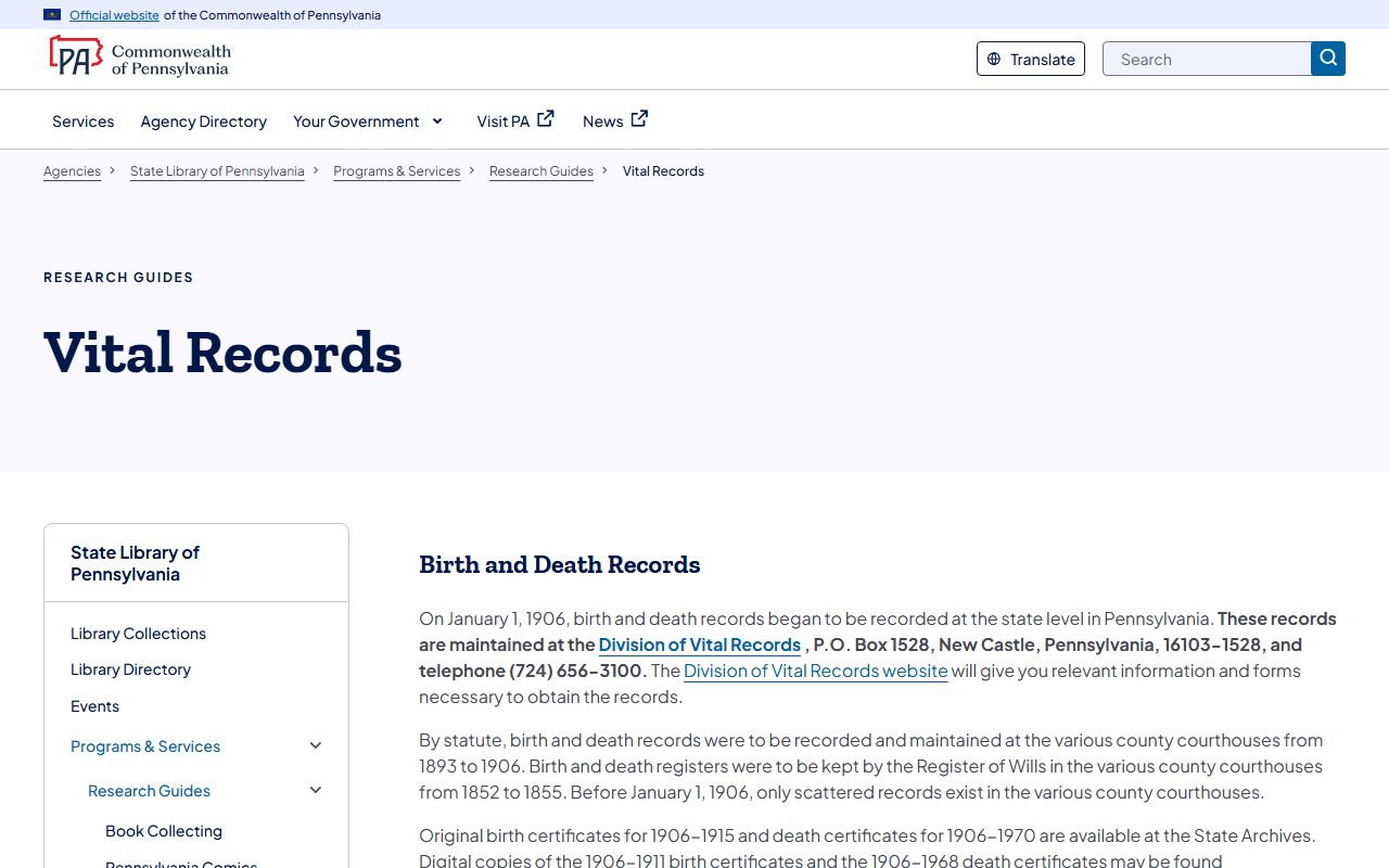 State Library of Pennsylvania vital records guide showing death record history and access