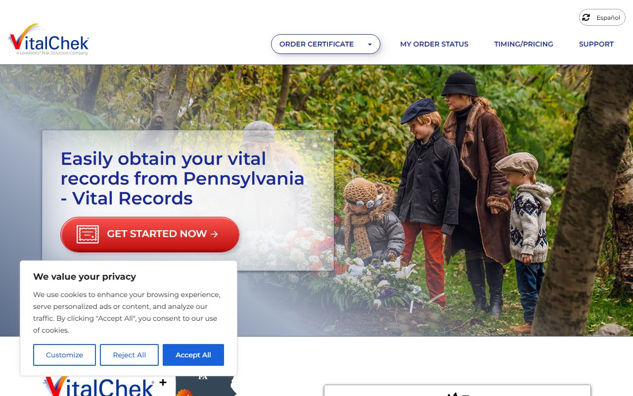 VitalChek authorized online ordering portal for Pennsylvania death certificates